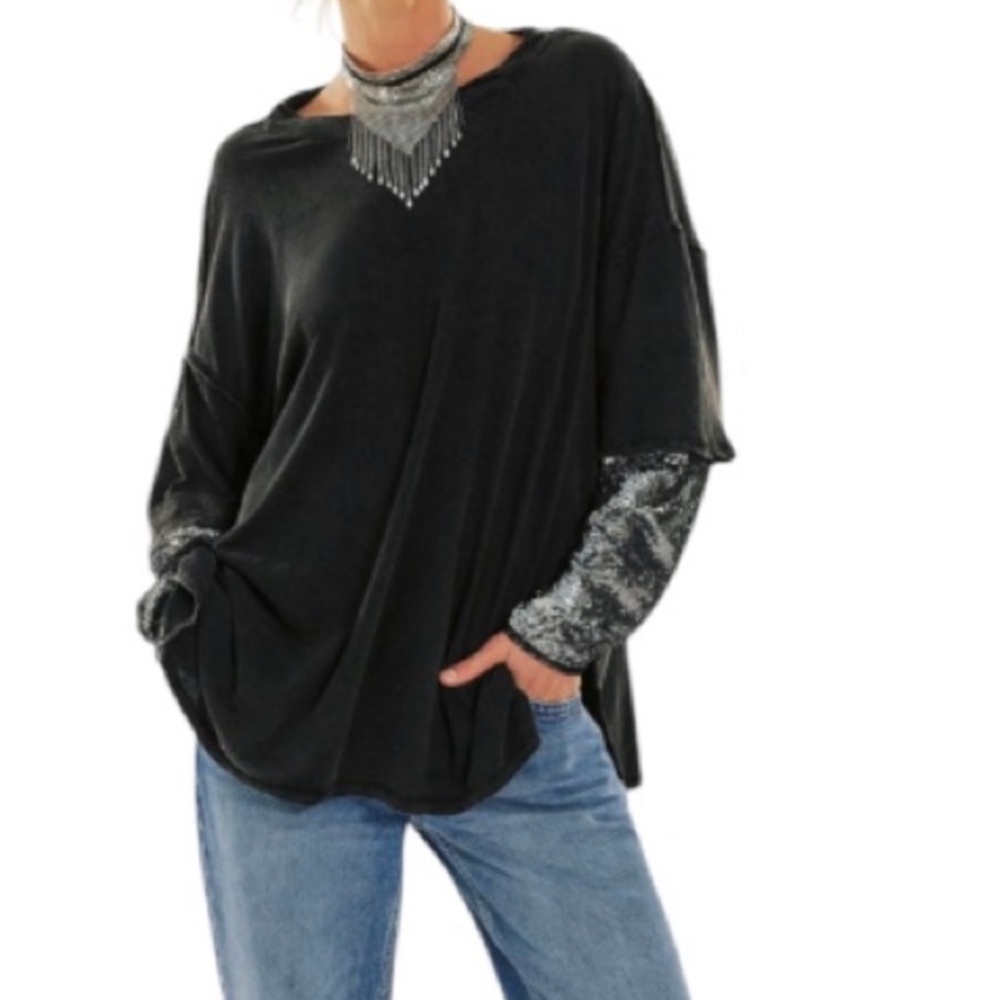 Free People Sequin Sleeve Black Top Large